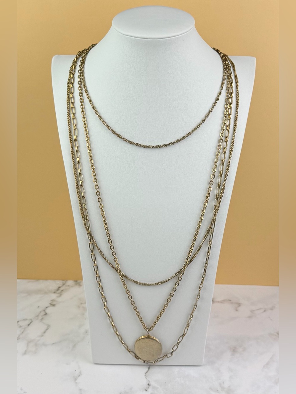 Vintage 18" Multi-Strand Gold Tone Locket Necklace | Etched Floral Pendant Layer